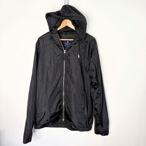 US Polo Assn Windbreaker Black Zip Up Hooded White logo Men size M